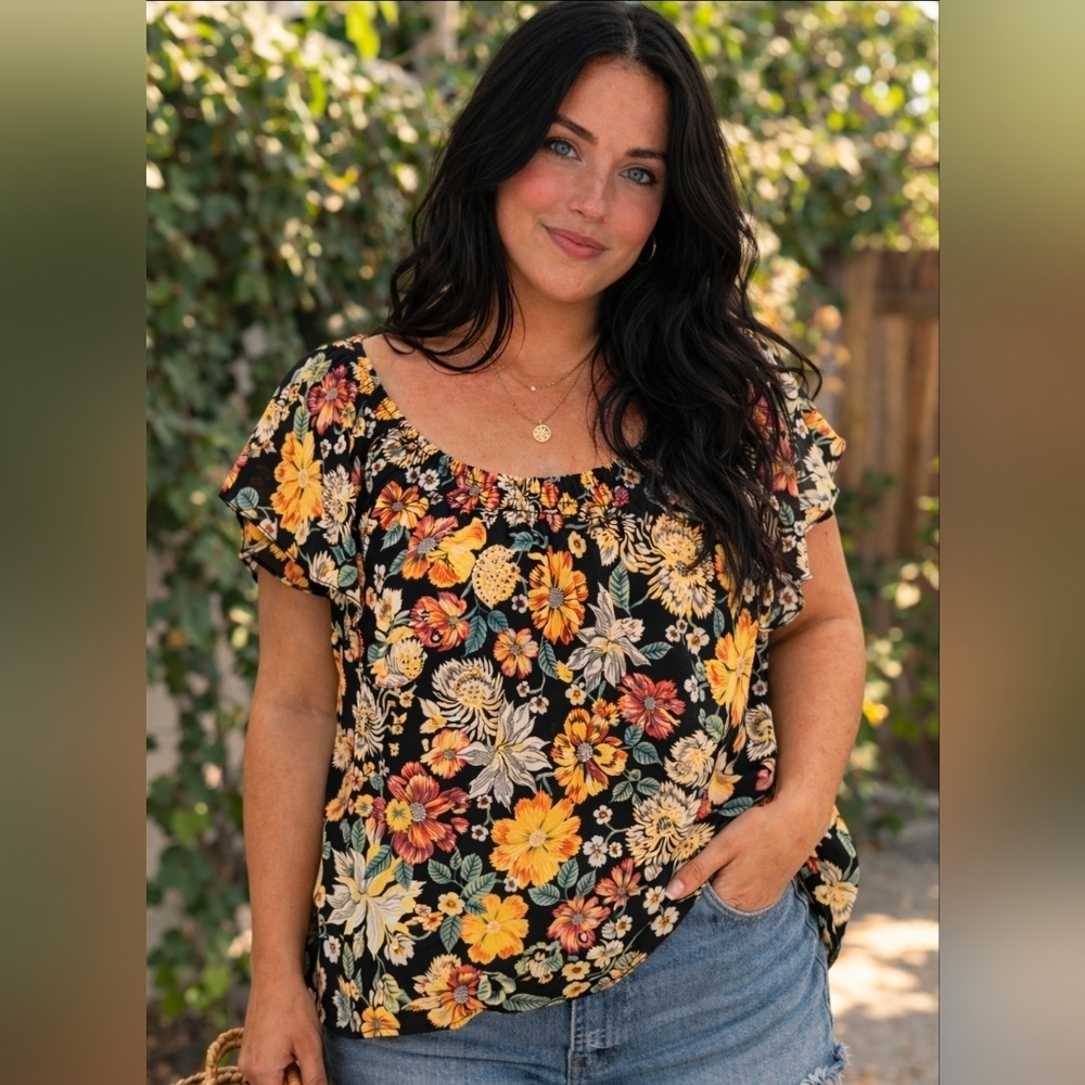 LOFT Floral Blouse Size L Black Multicolor Boho Floral Flutter Sleeve